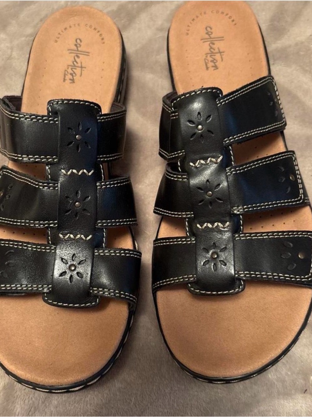 Clarks Leather Black Triple-Strap Slide Sandals